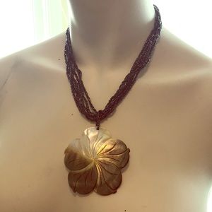 Mother of pearl large pendant on black beaded 18” multi string necklace VINTAGE